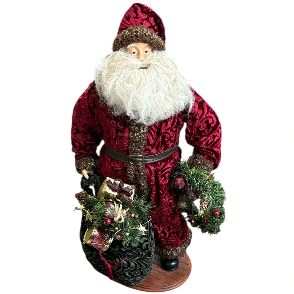 Vintage Santa With Velvet Robe Primitive Father Christmas with Stand 16”H